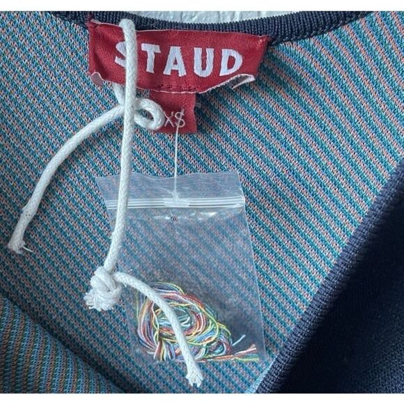 Staud Katie Dress Patch Print Knit Midi Blue Multi Square Neck Sleeveless Sz XS - Picture 8 of 8